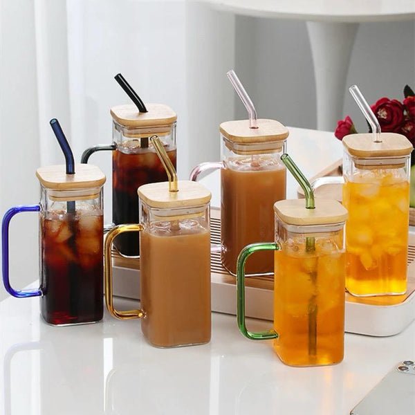 400 ML Square Glass with Lid & straw