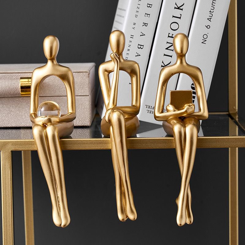 Golden Thinker Statue Abstract Ornament 3 pc set