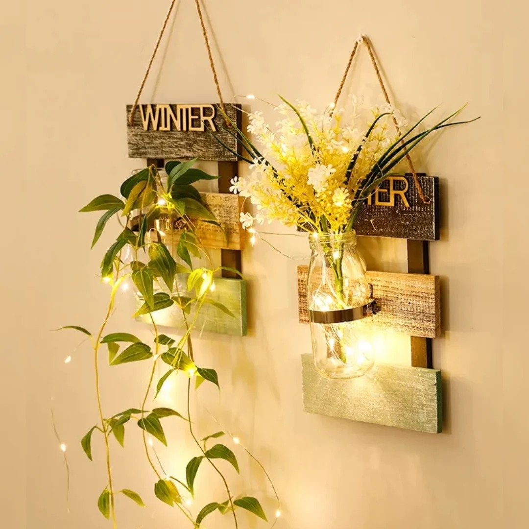 Led Glass Jar With Flower Arrangement In Beautiful Look Wooden Hanging. - Light Green Bail