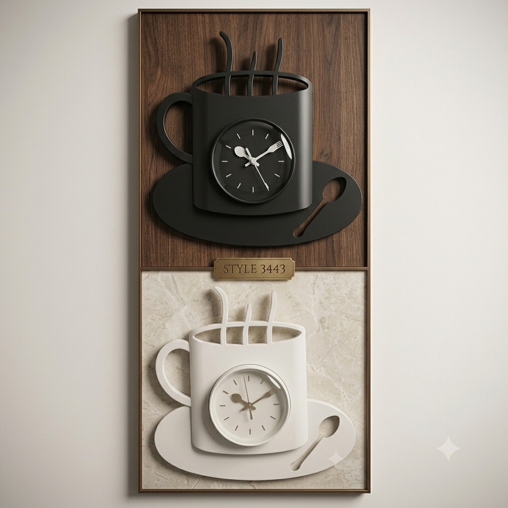 European style cup & spoon wall clock for kitchen