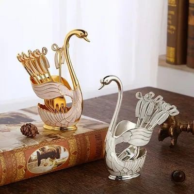 Iron metal Duck swan shaped cutlery holder (with spoon)