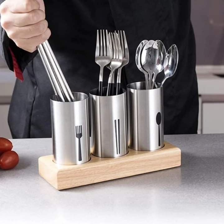 Stainless steel Chopstick holder with wooden Base