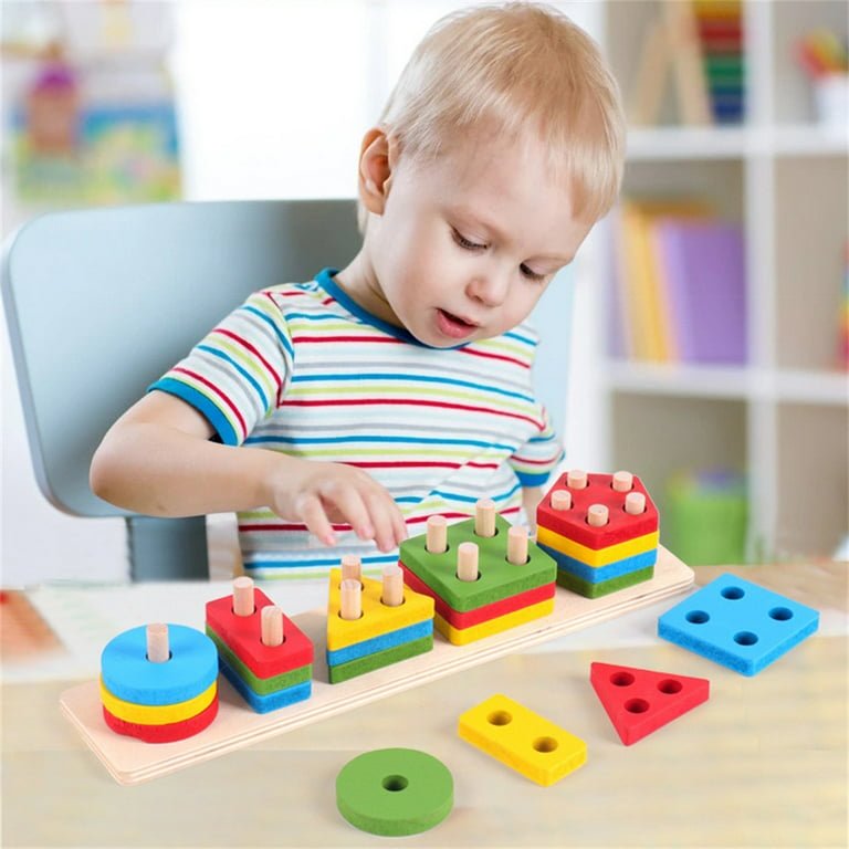 Children Wooden Stacking Toy Set Shape Sorter Educational Toys Geometric Infant Learning Building Blocks Gift