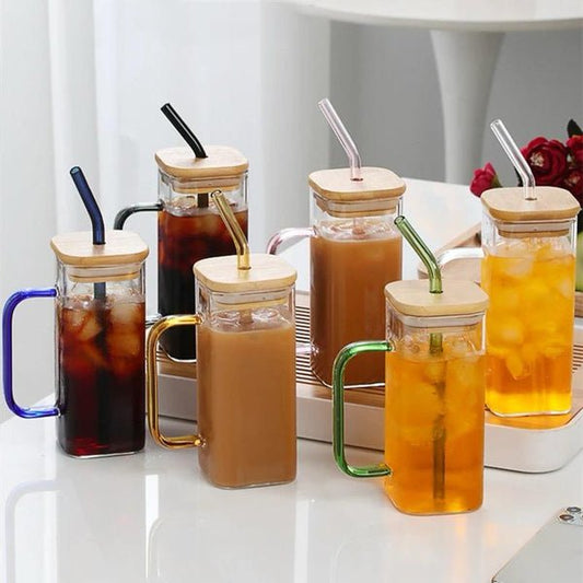 400 ML Square Glass with Lid & straw
