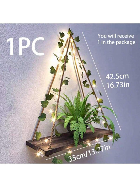 Wood Wall hanging shelf with rope & lights