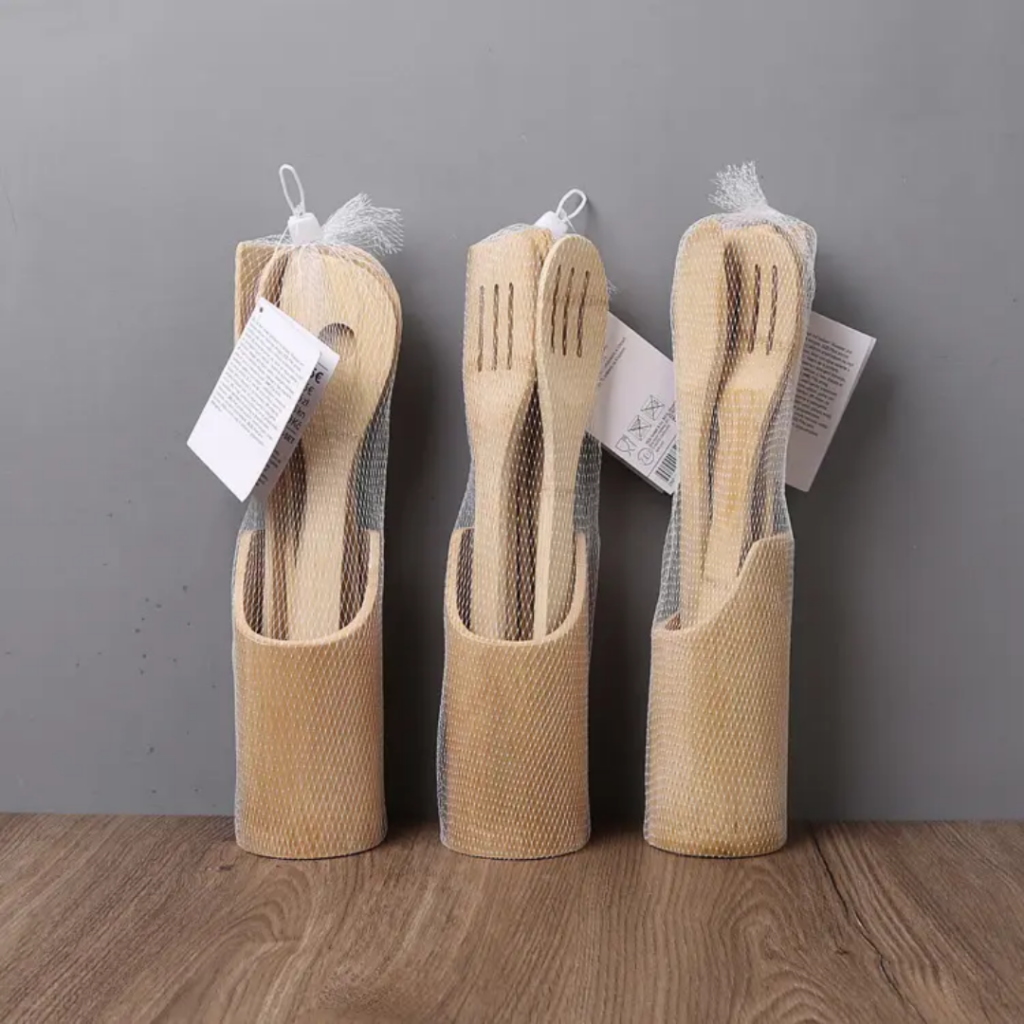 Bamboo kitchen utensils set with holder