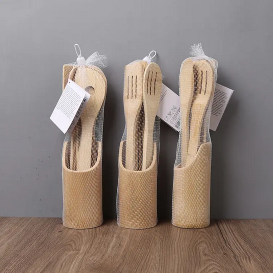 Bamboo kitchen utensils set with holder