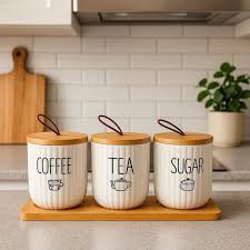 CERAMIC JAR SET WITH BAMBOO LIDS &amp; TRAY - 3- PIECE