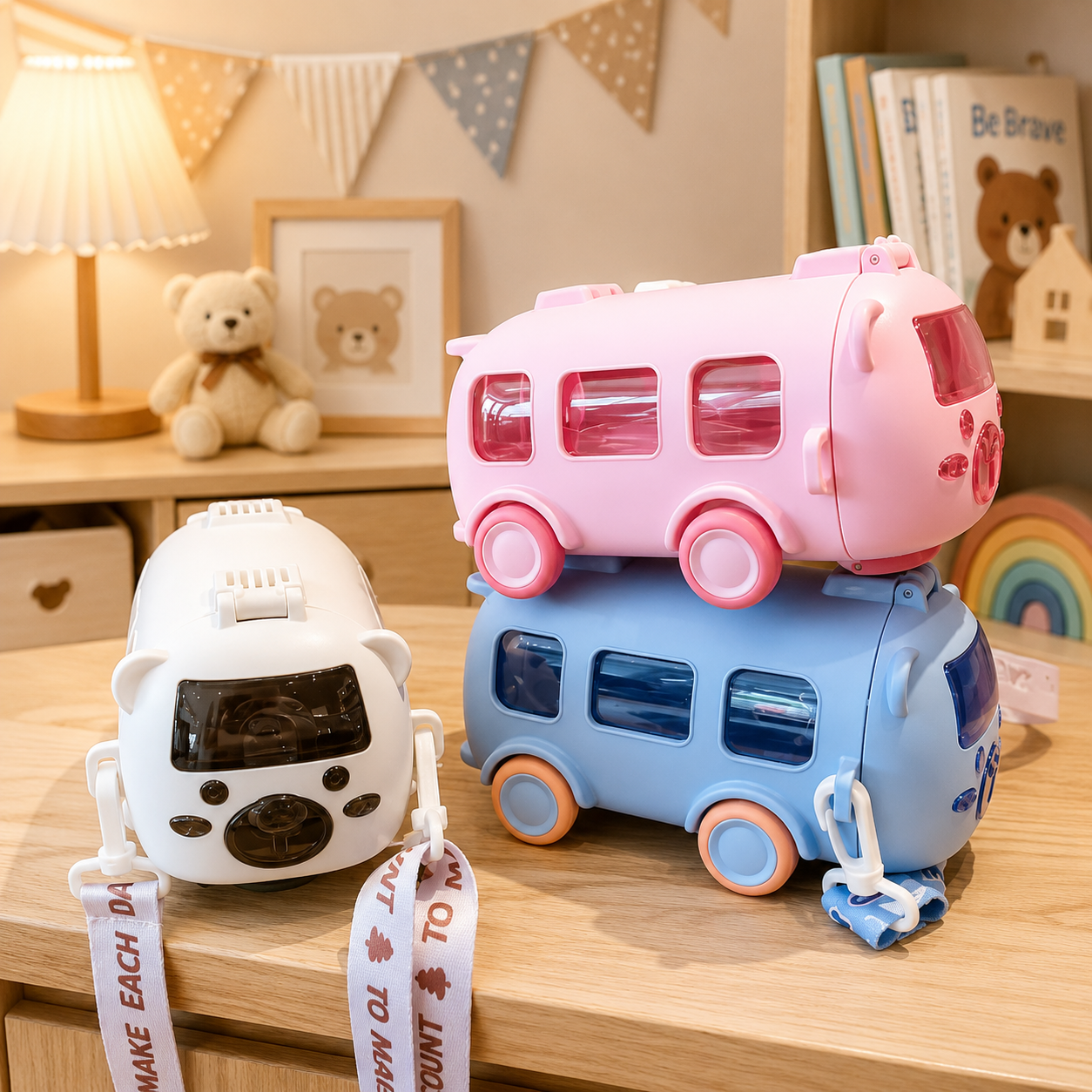 Cute Bus Style Kids Water Bottle With Strap
