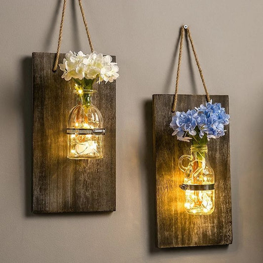 Flower Garland Jar Home Decoration Flower Led Jar With Wooden Hanging