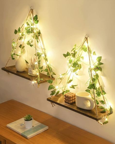 Wood Wall hanging shelf with rope & lights