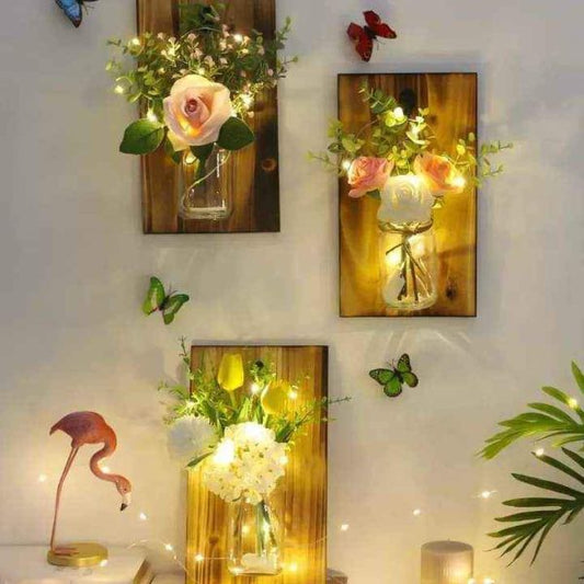 Flower Garland Jar Home Decoration Flower Led Jar With Wooden Hanging