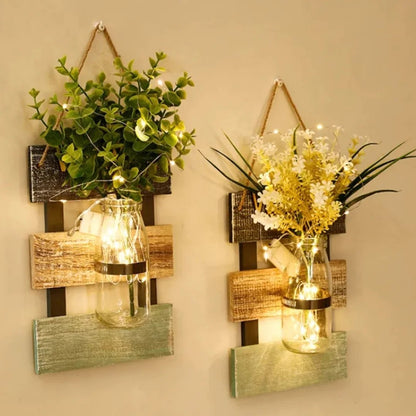 Led Glass Jar With Flower Arrangement & Wooden Hanging