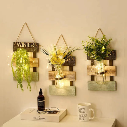 Led Glass Jar With Flowers & Wooden Hanging