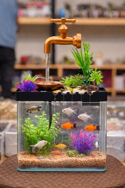 Fish aquarium with water fountain indoor decoration
