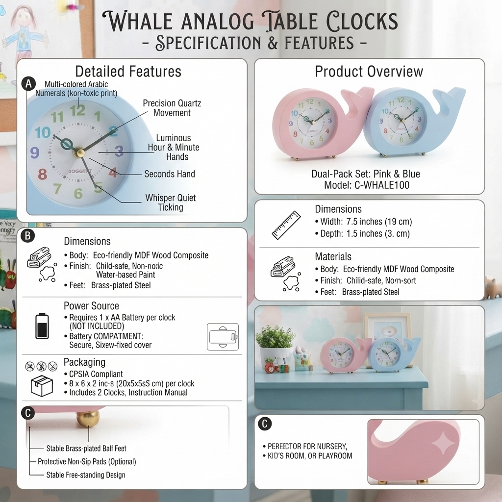 Whale desk kids room table clock