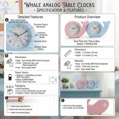 Whale desk kids room table clock
