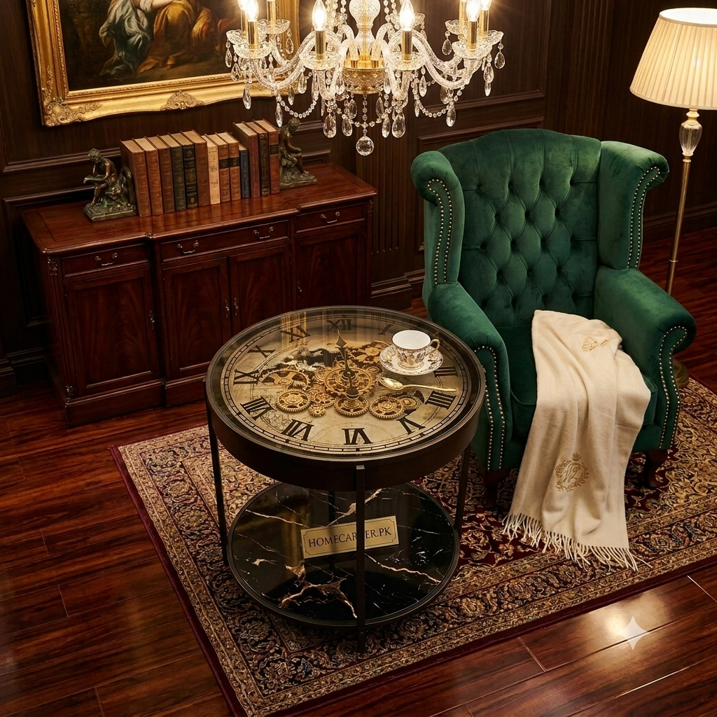 Glass top metal side table gearing retro clock with shelf