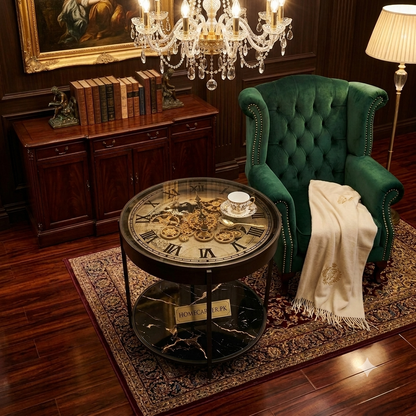 Glass top metal side table gearing retro clock with shelf