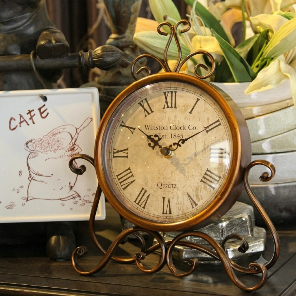 Bronze metal antique rustic table clock