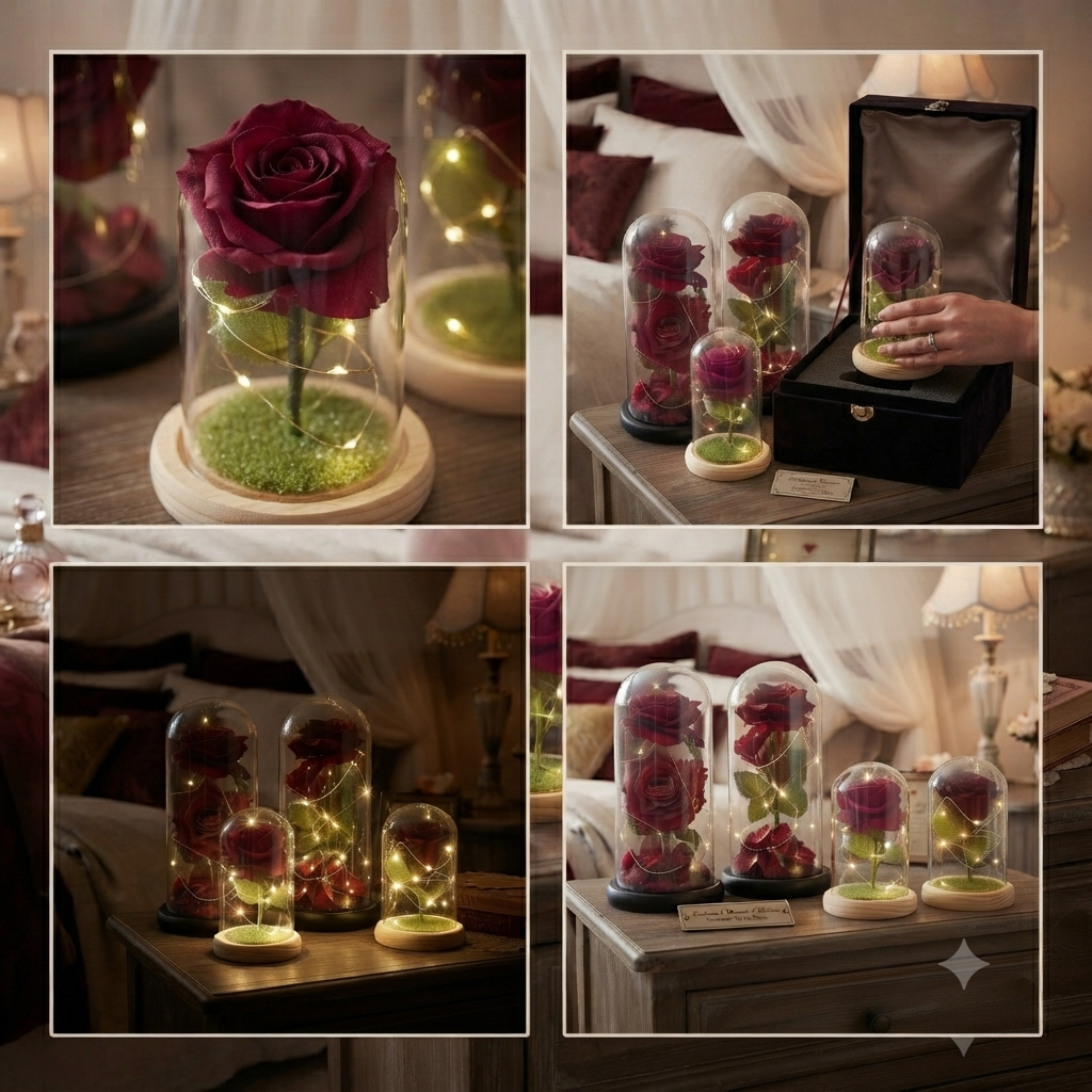 Led Rose bell jar with led