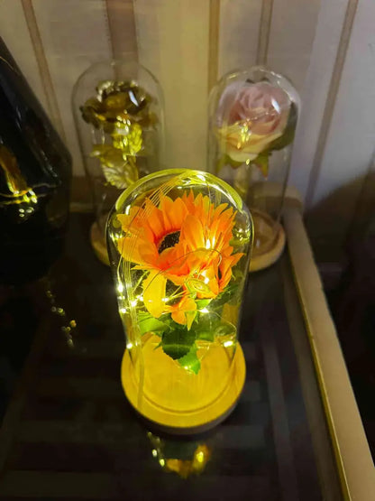 Rose bell jar with led lights