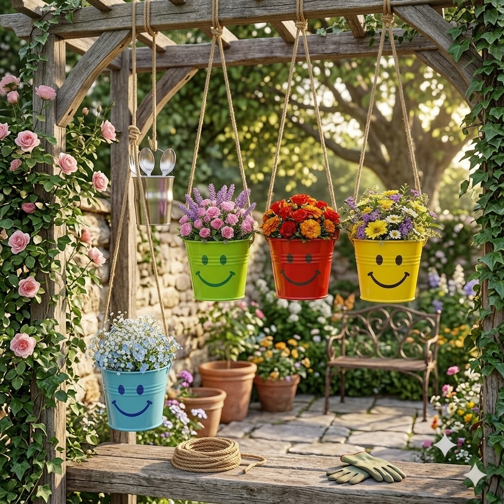 Sml iron metal bucket with flower arrangements