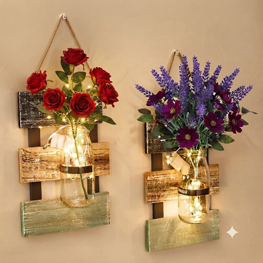 Led Glass Jar With Flower Arrangement & Wooden Hanging