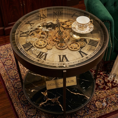 Glass top metal side table gearing retro clock with shelf
