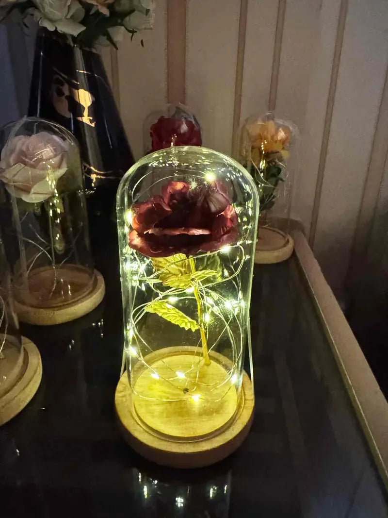 Rose bell jar with led lights