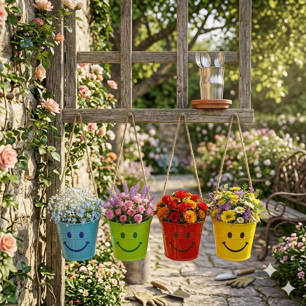 Sml iron metal bucket with flower arrangements
