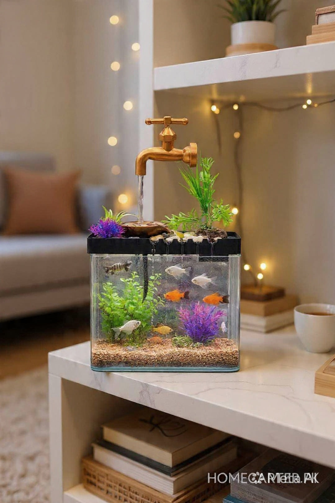 Fish aquarium with water fountain indoor decoration