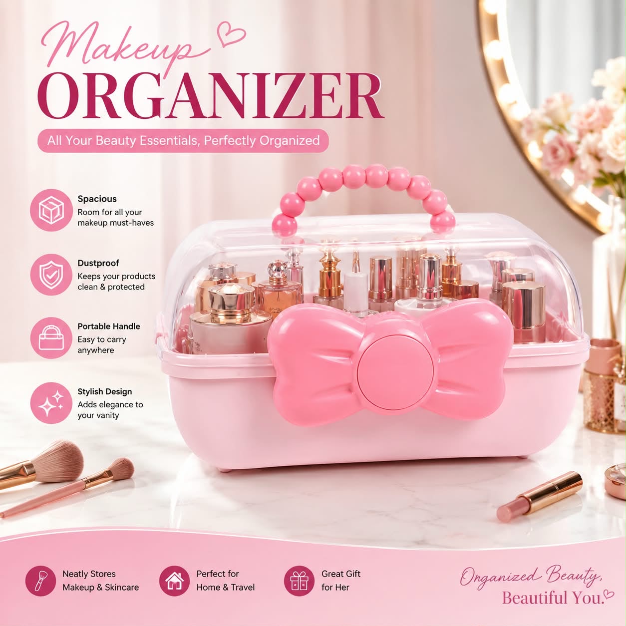 Bow themed cosmetic makeup organizer