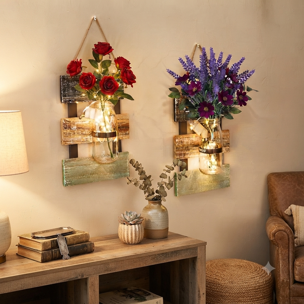 Led Glass Jar With Flower Arrangement & Wooden Hanging