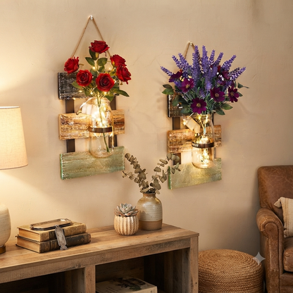 Led Glass Jar With Flower Arrangement & Wooden Hanging